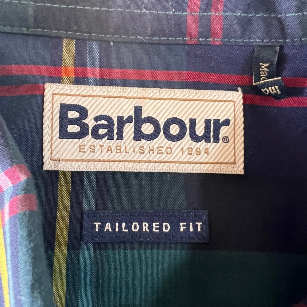 Barbour Tailored Fit Tartan‎ Plaid Button Down Shirt Green Navy Red Mens XL - Picture 5 of 8